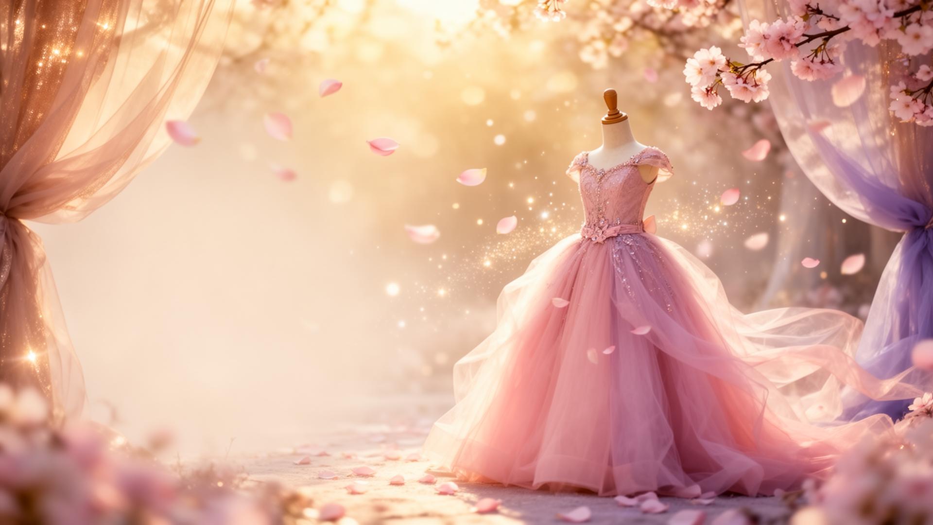 Pastel pink princess dress amid cherry blossoms